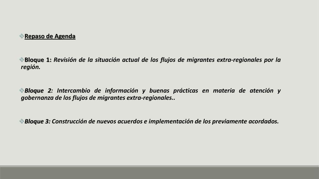 Repaso de Agenda Bloque 1: Revisión de la situación actual de los flujos de migrantes extra-regionales por la región.
