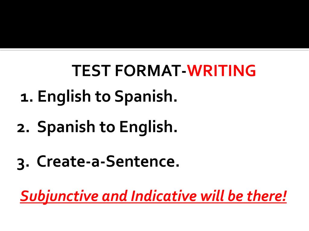 TEST FORMAT-WRITING 1. English to Spanish. 2. Spanish to English.