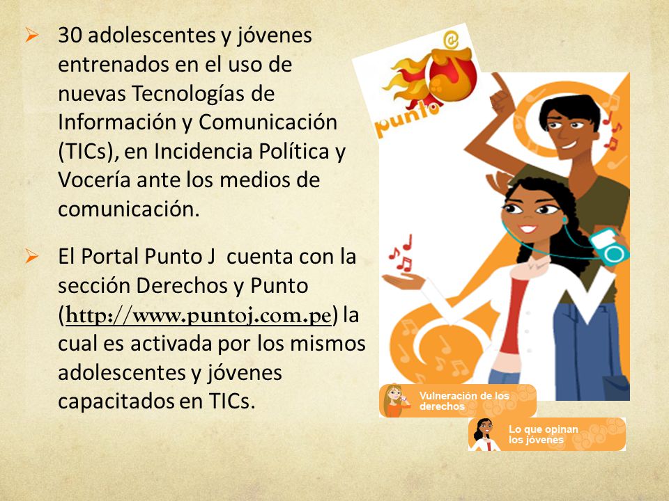 30 adolescentes y jóvenes entrenados en el uso de nuevas Tecnologías de Información y Comunicación (TICs), en Incidencia Política y Vocería ante los medios de comunicación.