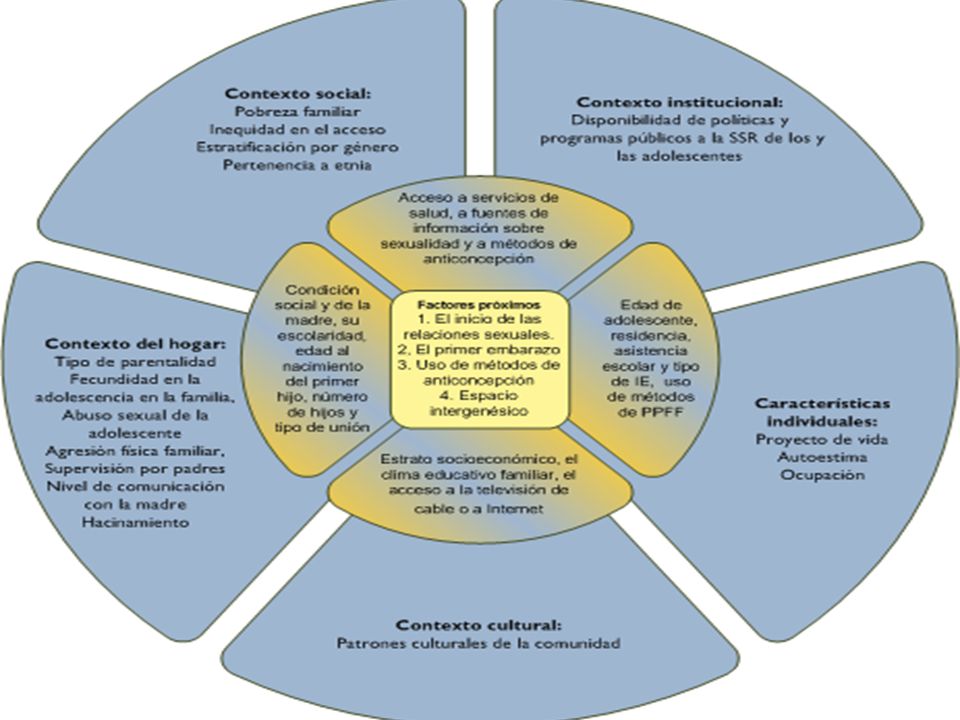 Socio culturales y ambiental Lugar de residencia; Disponibilidad de medios; Legislación; Patrones culturales; Etnicidad