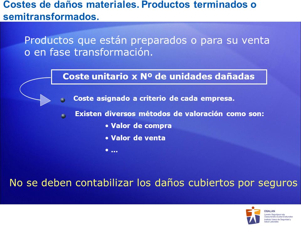 Costes de daños materiales. Productos terminados o semitransformados.