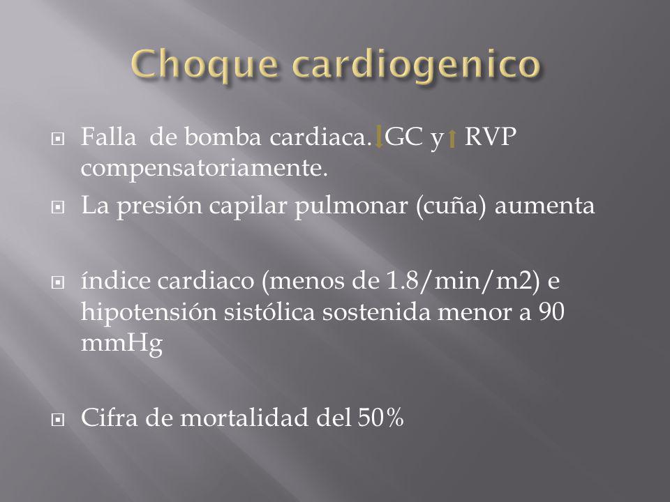 Choque cardiogenico Falla de bomba cardiaca. GC y RVP compensatoriamente. La presión capilar pulmonar (cuña) aumenta.