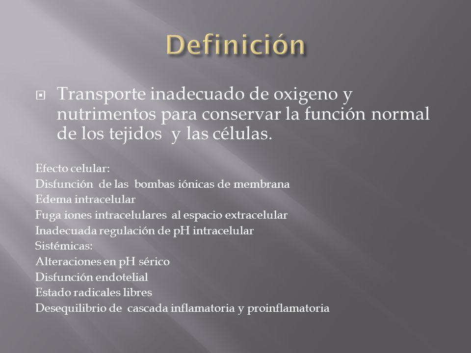 Definición Transporte inadecuado de oxigeno y nutrimentos para conservar la función normal de los tejidos y las células.