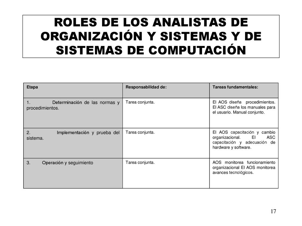 ROLES DE LOS ANALISTAS DE ORGANIZACIÓN Y SISTEMAS Y DE SISTEMAS DE COMPUTACIÓN