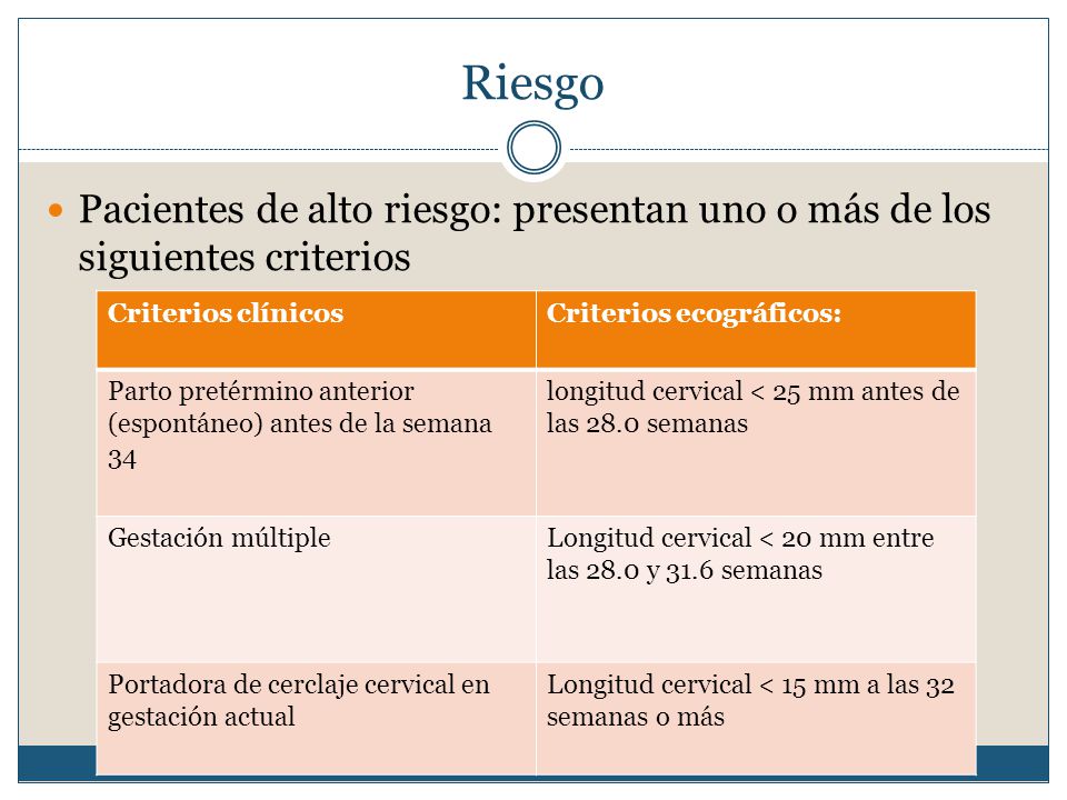 Riesgo Pacientes de alto riesgo: presentan uno o más de los siguientes criterios. Criterios clínicos.