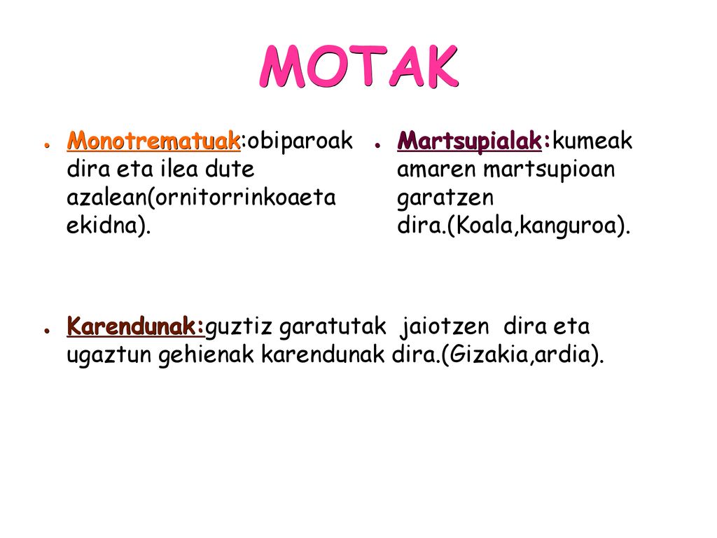 MOTAK Monotrematuak:obiparoak dira eta ilea dute azalean(ornitorrinkoaeta ekidna).