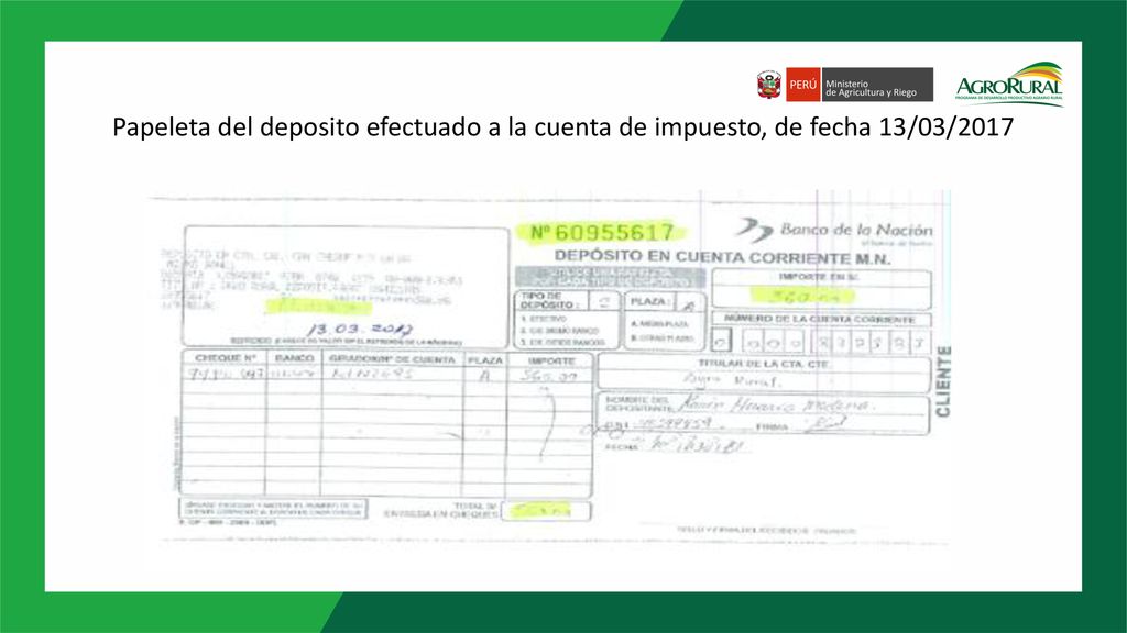 Papeleta del deposito efectuado a la cuenta de impuesto, de fecha 13/03/2017