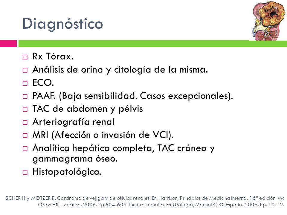 Diagnóstico Rx Tórax. Análisis de orina y citología de la misma. ECO.