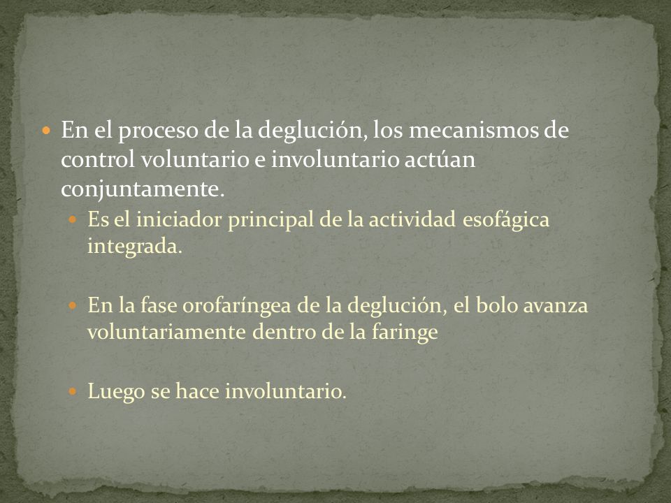 En el proceso de la deglución, los mecanismos de control voluntario e involuntario actúan conjuntamente.