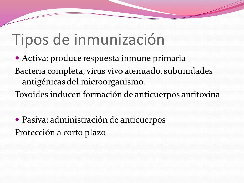 Tipos de inmunización Activa: produce respuesta inmune primaria