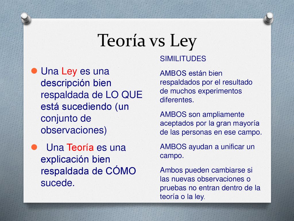 Teoría vs Ley SIMILITUDES. AMBOS están bien respaldados por el resultado de muchos experimentos diferentes.