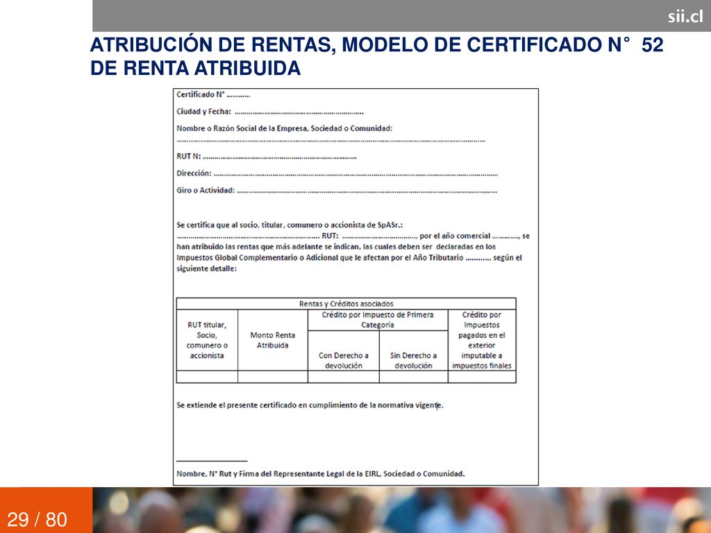 ATRIBUCIÓN DE RENTAS, MODELO DE CERTIFICADO N°52 DE RENTA ATRIBUIDA