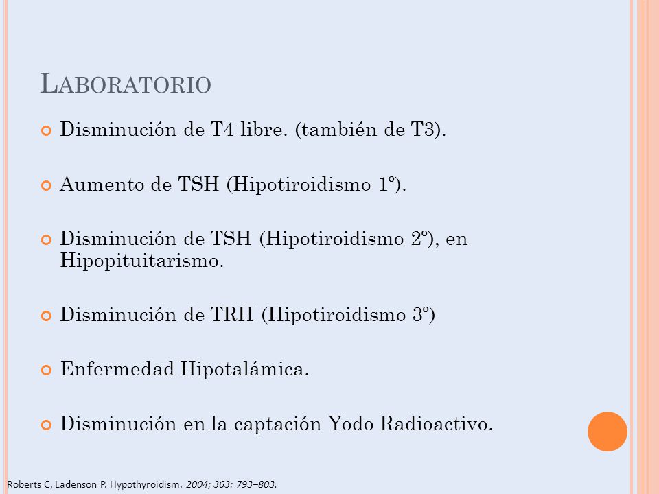 Laboratorio Disminución de T4 libre. (también de T3).