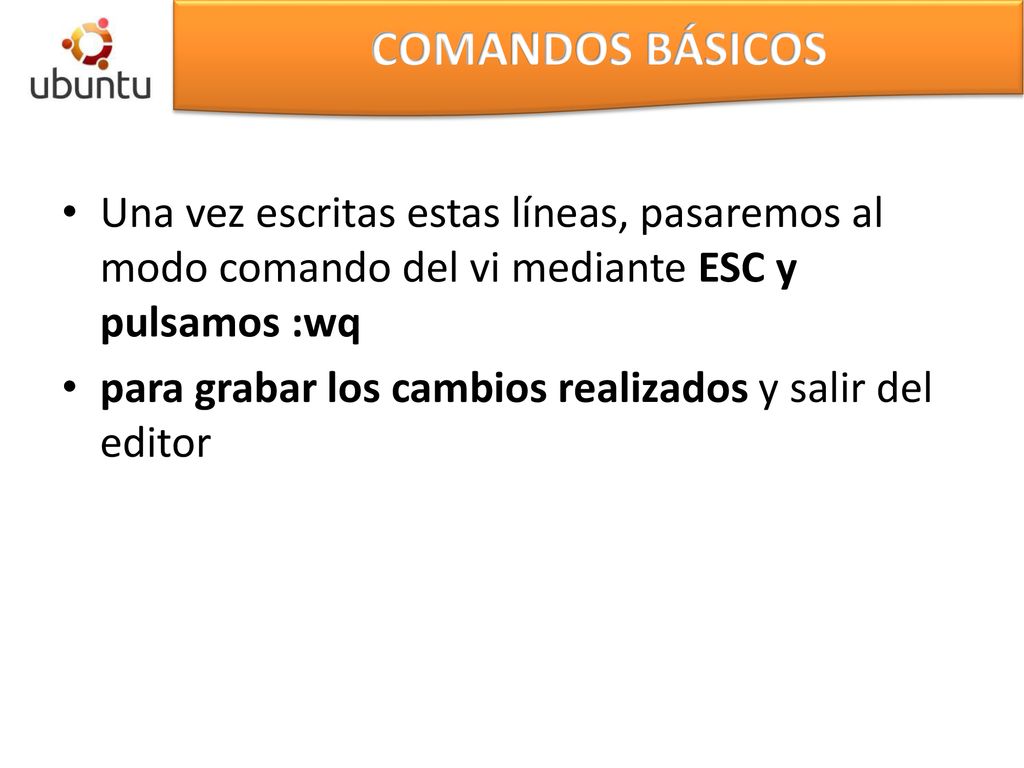 COMANDOS BÁSICOS Una vez escritas estas líneas, pasaremos al modo comando del vi mediante ESC y pulsamos :wq.