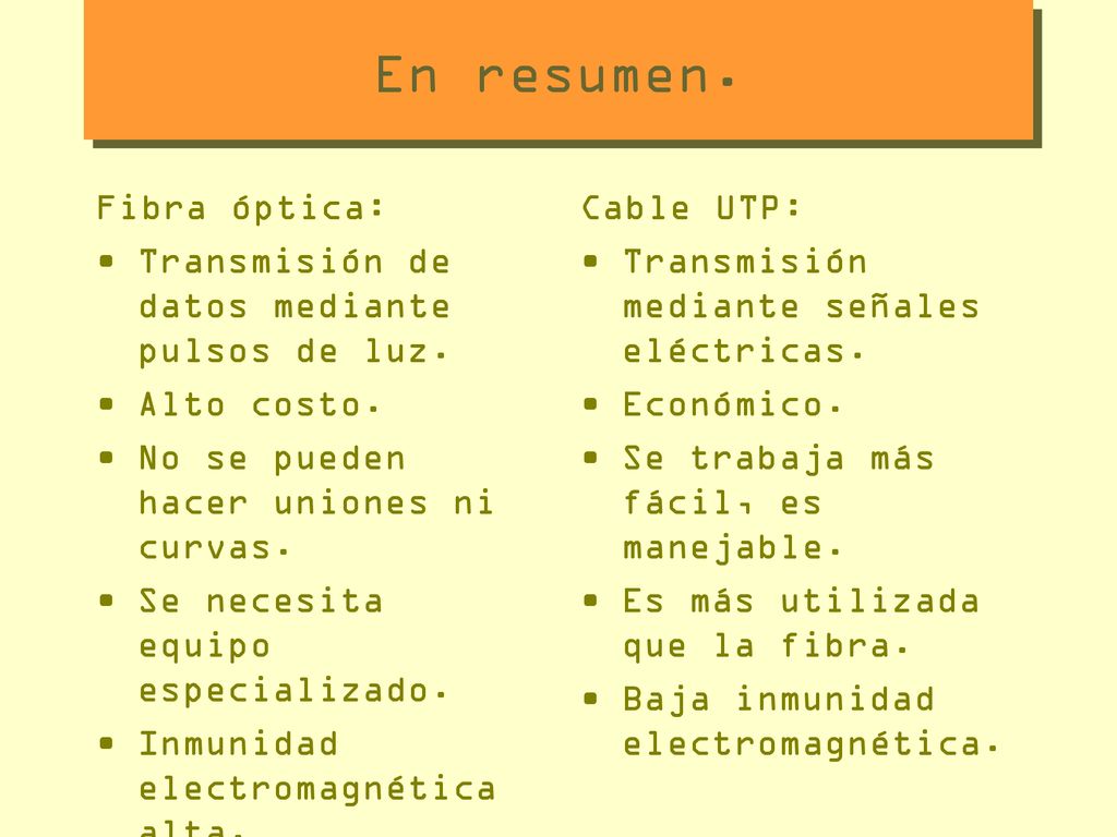 En resumen. Fibra óptica: Transmisión de datos mediante pulsos de luz.