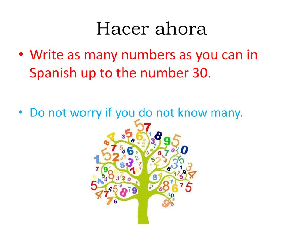Hacer ahora Write as many numbers as you can in Spanish up to the number 30.