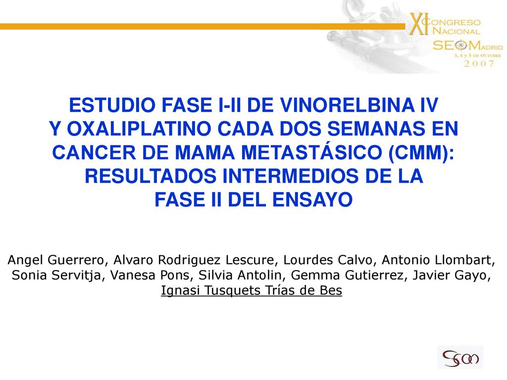 ESTUDIO FASE I-II DE VINORELBINA IV Y OXALIPLATINO CADA DOS SEMANAS EN CANCER DE MAMA METASTÁSICO (CMM): RESULTADOS INTERMEDIOS DE LA FASE II DEL ENSAYO
