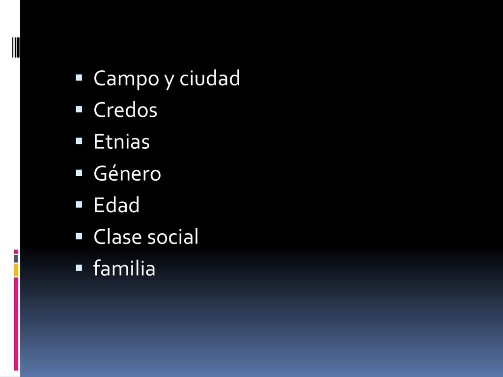 Campo y ciudad Credos Etnias Género Edad Clase social familia