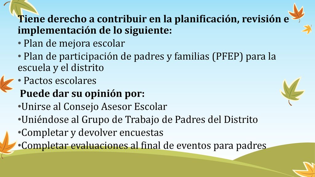 Tiene derecho a contribuir en la planificación, revisión e implementación de lo siguiente:
