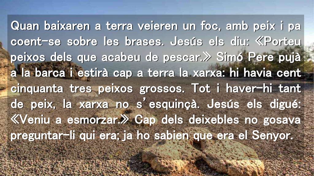 Quan baixaren a terra veieren un foc, amb peix i pa coent-se sobre les brases.