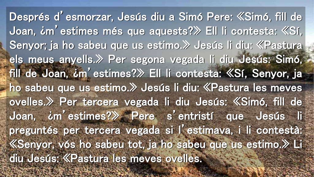 Després d’esmorzar, Jesús diu a Simó Pere: «Simó, fill de Joan, ¿m’estimes més que aquests » Ell li contesta: «Sí, Senyor; ja ho sabeu que us estimo.» Jesús li diu: «Pastura els meus anyells.» Per segona vegada li diu Jesús: Simó, fill de Joan, ¿m’estimes » Ell li contesta: «Sí, Senyor, ja ho sabeu que us estimo.» Jesús li diu: «Pastura les meves ovelles.» Per tercera vegada li diu Jesús: «Simó, fill de Joan, ¿m’estimes » Pere s’entristí que Jesús li preguntés per tercera vegada si l’estimava, i li contestà: «Senyor, vós ho sabeu tot, ja ho sabeu que us estimo.» Li diu Jesús: «Pastura les meves ovelles.