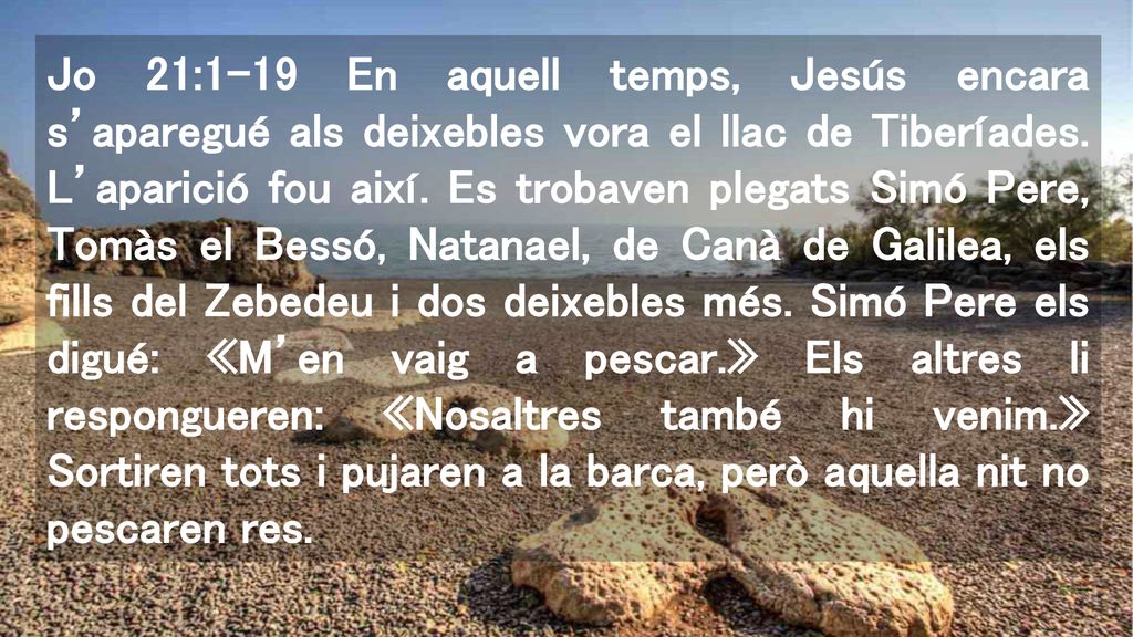Jo 21:1-19 En aquell temps, Jesús encara s’aparegué als deixebles vora el llac de Tiberíades.