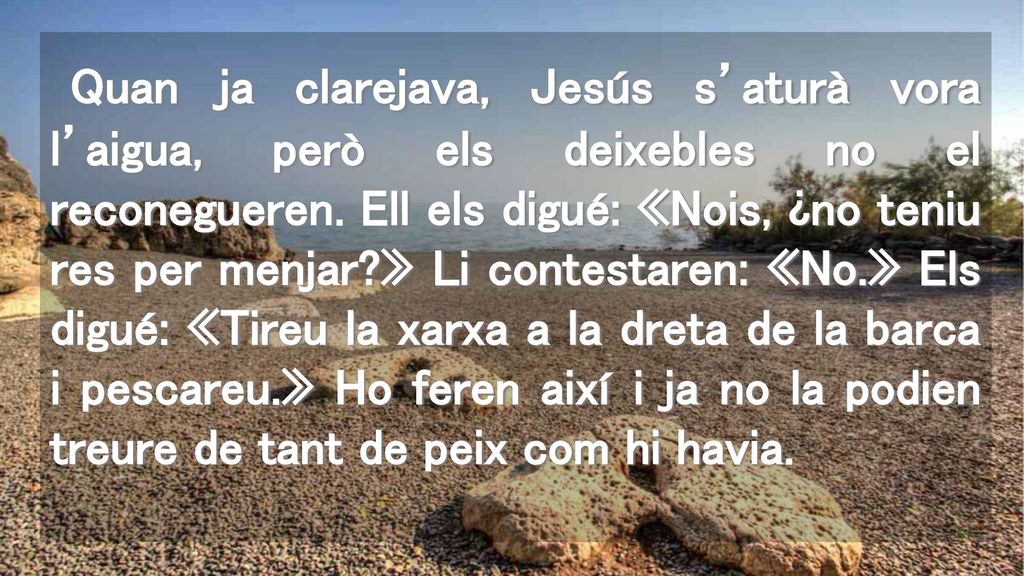 Quan ja clarejava, Jesús s’aturà vora l’aigua, però els deixebles no el reconegueren.