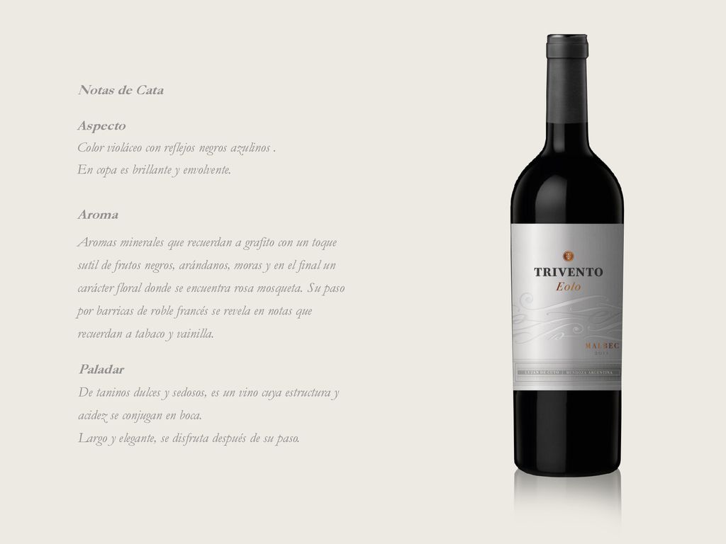Notas de Cata Aspecto. Color violáceo con reflejos negros azulinos . En copa es brillante y envolvente.
