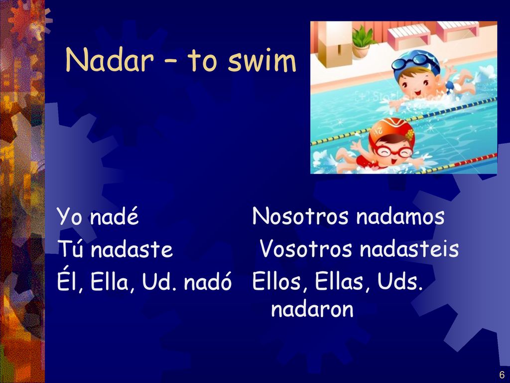 Nadar – to swim Yo nadé Tú nadaste Él, Ella, Ud. nadó