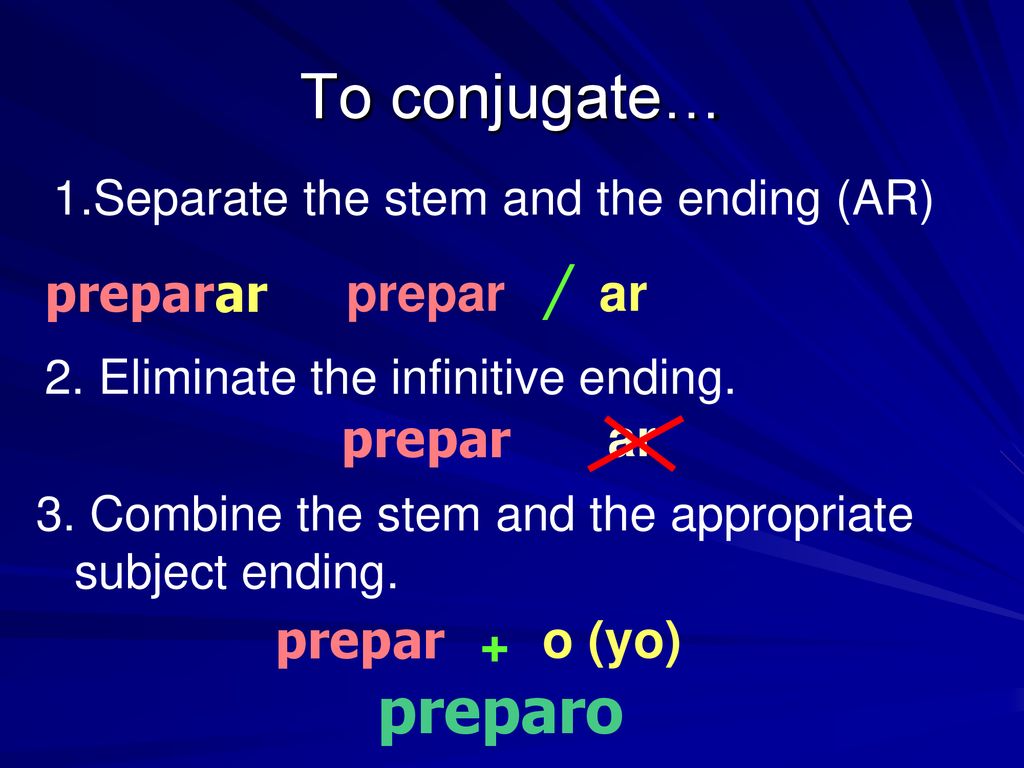 To conjugate… preparo / preparar prepar ar prepar ar prepar + o (yo)