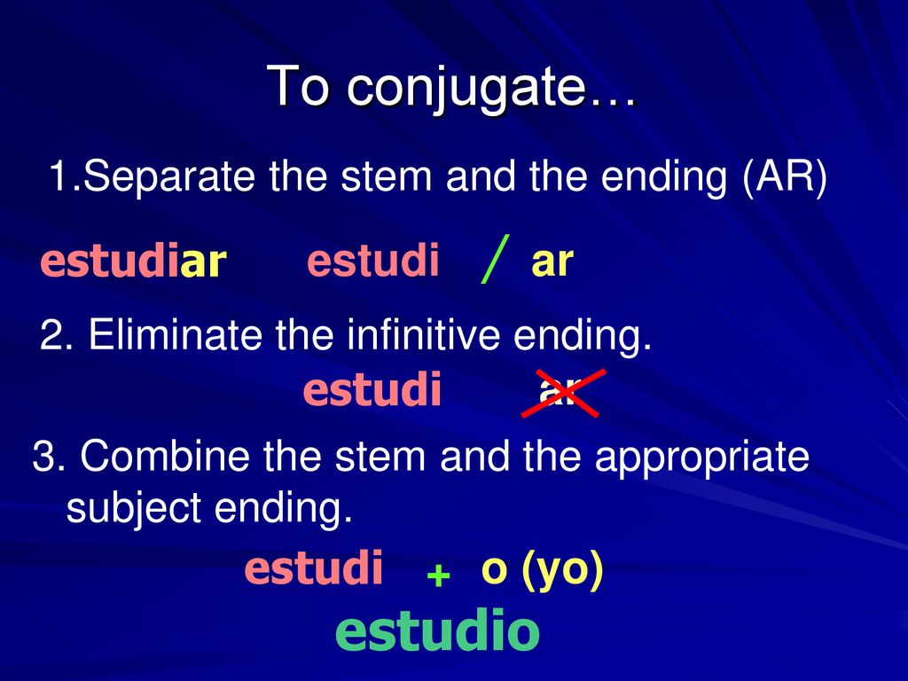 To conjugate… estudio / estudiar estudi ar estudi ar estudi + o (yo)