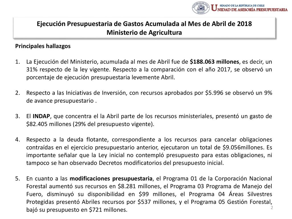 Ejecución Presupuestaria de Gastos Acumulada al Mes de Abril de 2018 Ministerio de Agricultura