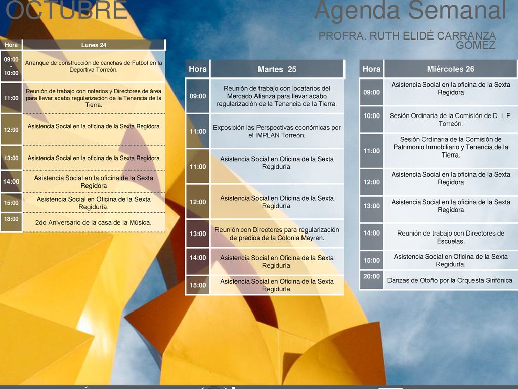 Agenda Semanal OCTUBRE Cabildo Torreón PROFRA. RUTH ELIDÉ CARRANZA