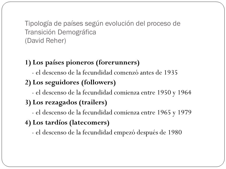 Tipología de países según evolución del proceso de Transición Demográfica (David Reher)