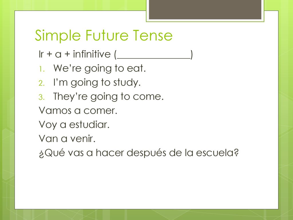 Simple Future Tense Ir + a + infinitive (_______________)