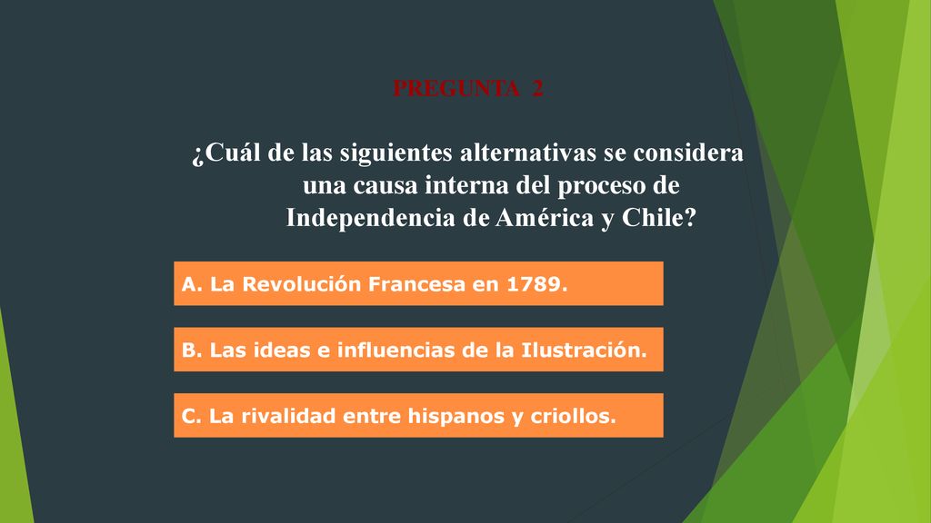 PREGUNTA 2 ¿Cuál de las siguientes alternativas se considera una causa interna del proceso de Independencia de América y Chile