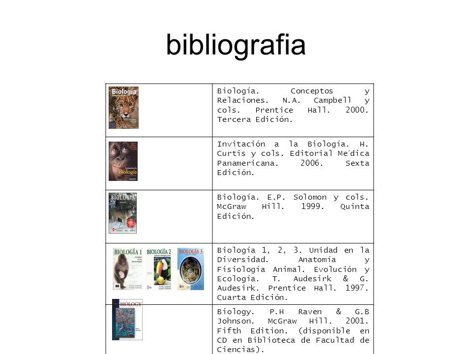 bibliografia Biología. Conceptos y Relaciones. N.A. Campbell y cols. Prentice Hall Tercera Edición.