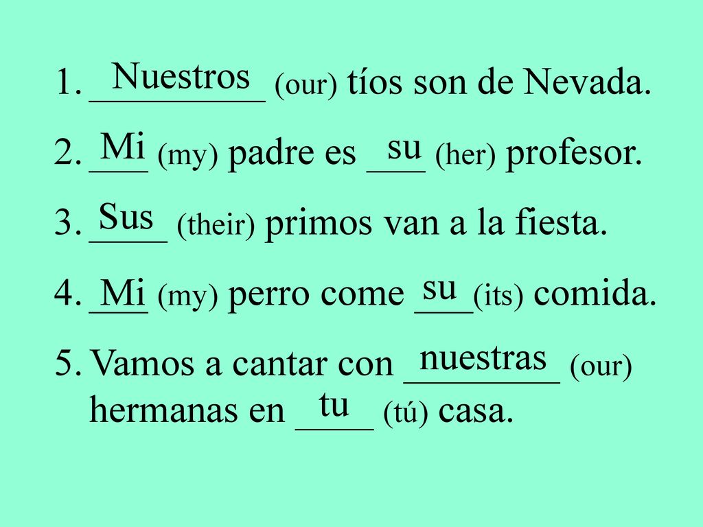 Nuestros _________ (our) tíos son de Nevada. ___ (my) padre es ___ (her) profesor. ____ (their) primos van a la fiesta.