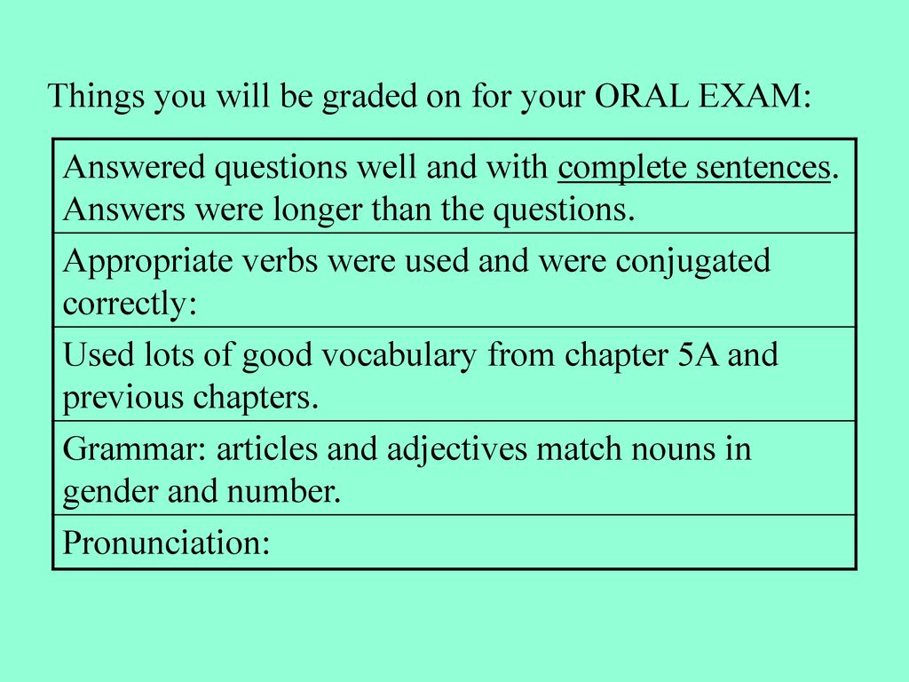 Things you will be graded on for your ORAL EXAM: