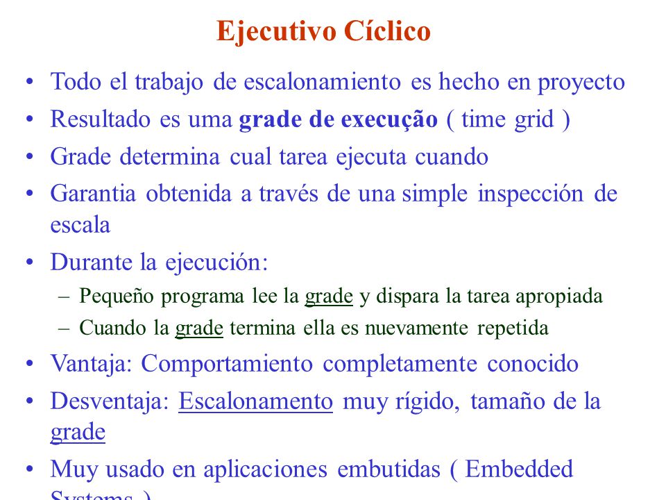 Ejecutivo Cíclico Todo el trabajo de escalonamiento es hecho en proyecto. Resultado es uma grade de execução ( time grid )