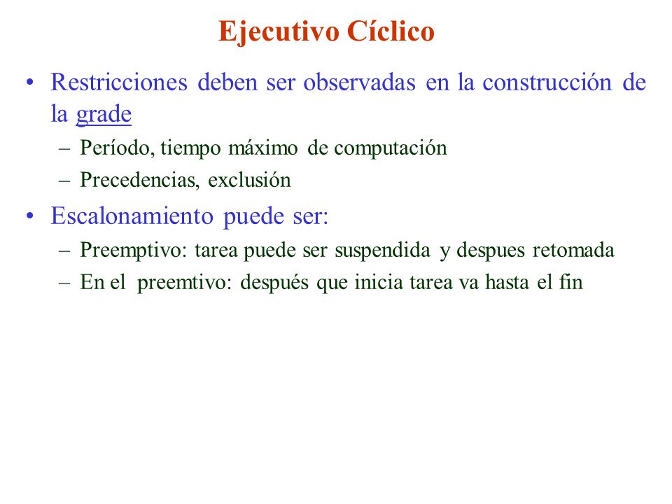 Ejecutivo Cíclico Restricciones deben ser observadas en la construcción de la grade. Período, tiempo máximo de computación.