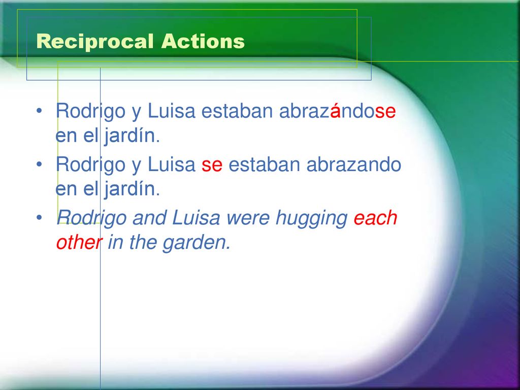 Reciprocal Actions Rodrigo y Luisa estaban abrazándose en el jardín. Rodrigo y Luisa se estaban abrazando en el jardín.