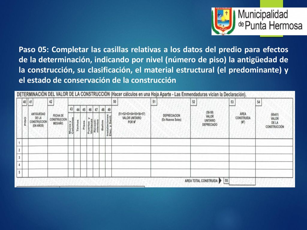 Paso 05: Completar las casillas relativas a los datos del predio para efectos de la determinación, indicando por nivel (número de piso) la antigüedad de la construcción, su clasificación, el material estructural (el predominante) y el estado de conservación de la construcción
