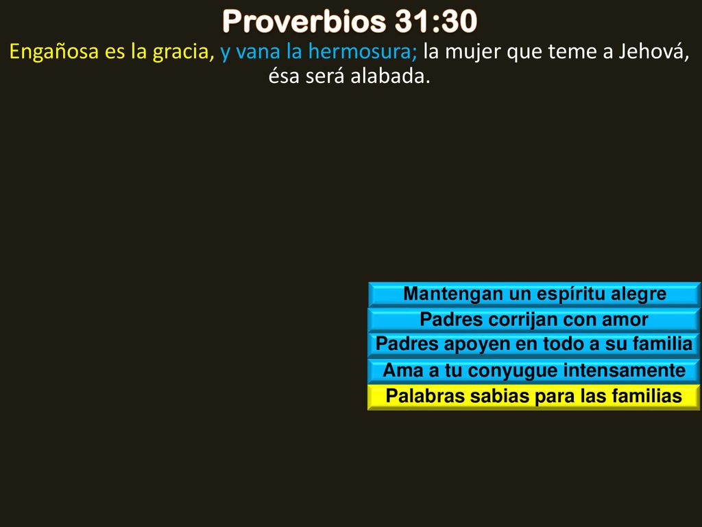 Proverbios 31:30 Engañosa es la gracia, y vana la hermosura; la mujer que teme a Jehová, ésa será alabada.