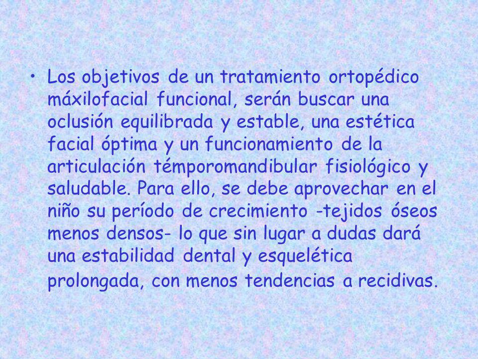 Los objetivos de un tratamiento ortopédico máxilofacial funcional, serán buscar una oclusión equilibrada y estable, una estética facial óptima y un funcionamiento de la articulación témporomandibular fisiológico y saludable.