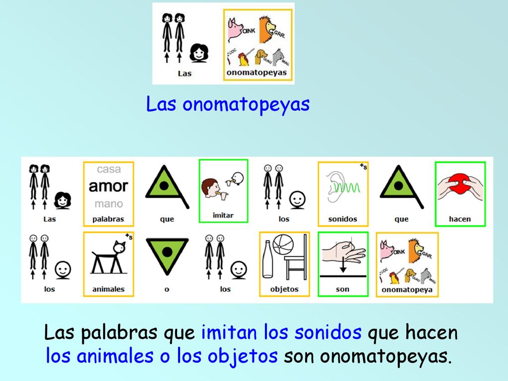 Las onomatopeyas Las palabras que imitan los sonidos que hacen los animales o los objetos son onomatopeyas.