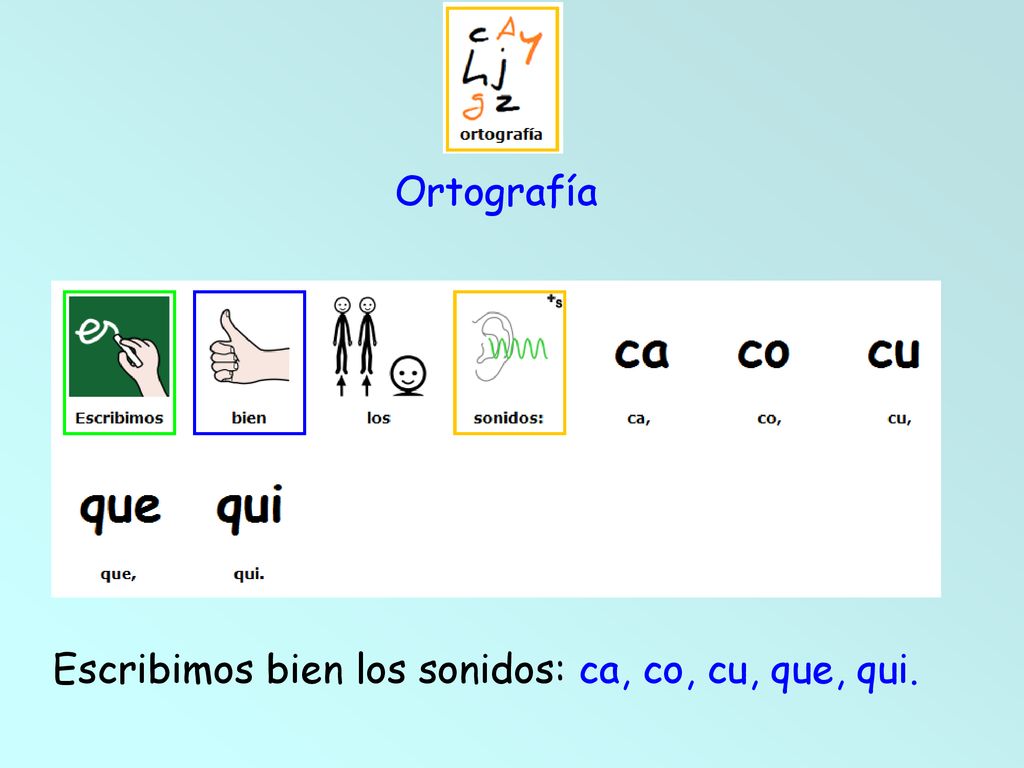 Ortografía Escribimos bien los sonidos: ca, co, cu, que, qui.
