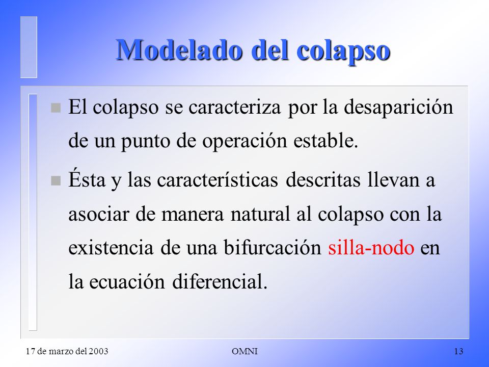Modelado del colapso El colapso se caracteriza por la desaparición de un punto de operación estable.