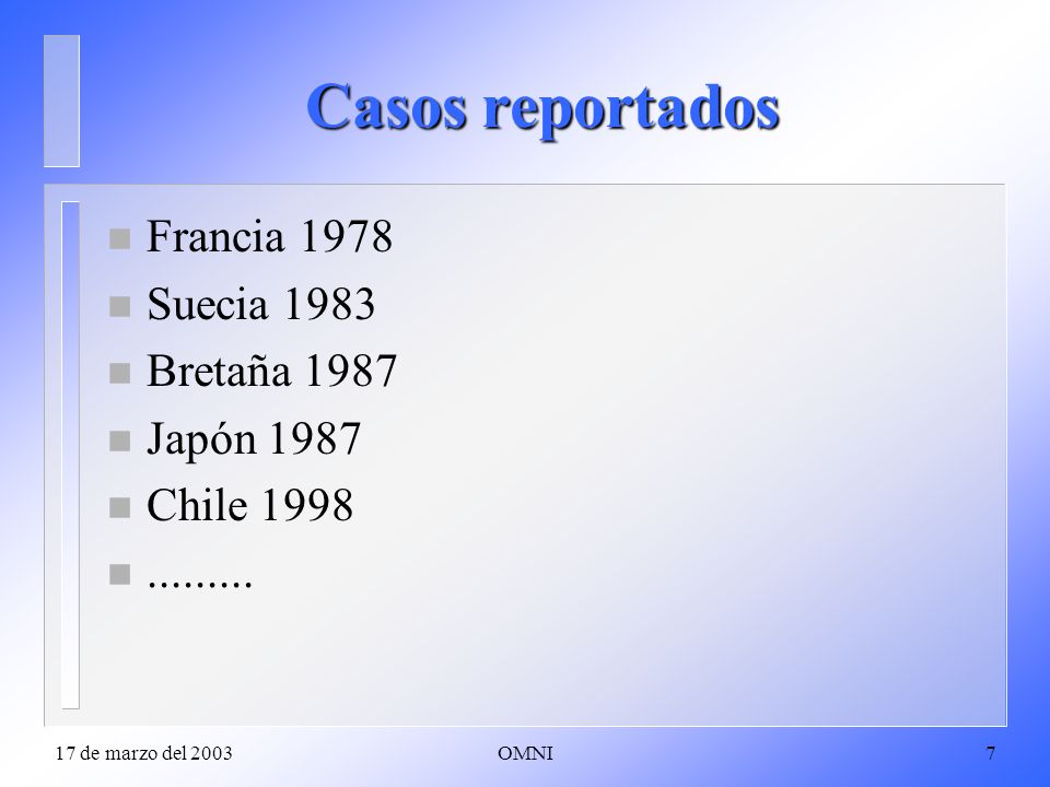 Casos reportados Francia 1978 Suecia 1983 Bretaña 1987 Japón 1987