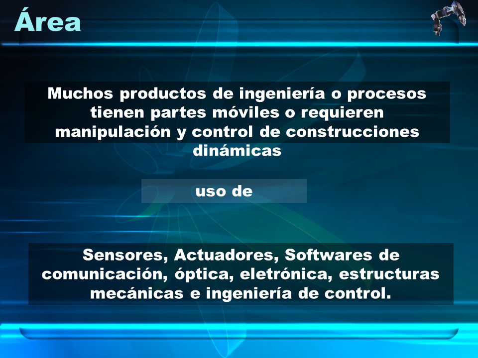 Área Muchos productos de ingeniería o procesos tienen partes móviles o requieren manipulación y control de construcciones dinámicas.